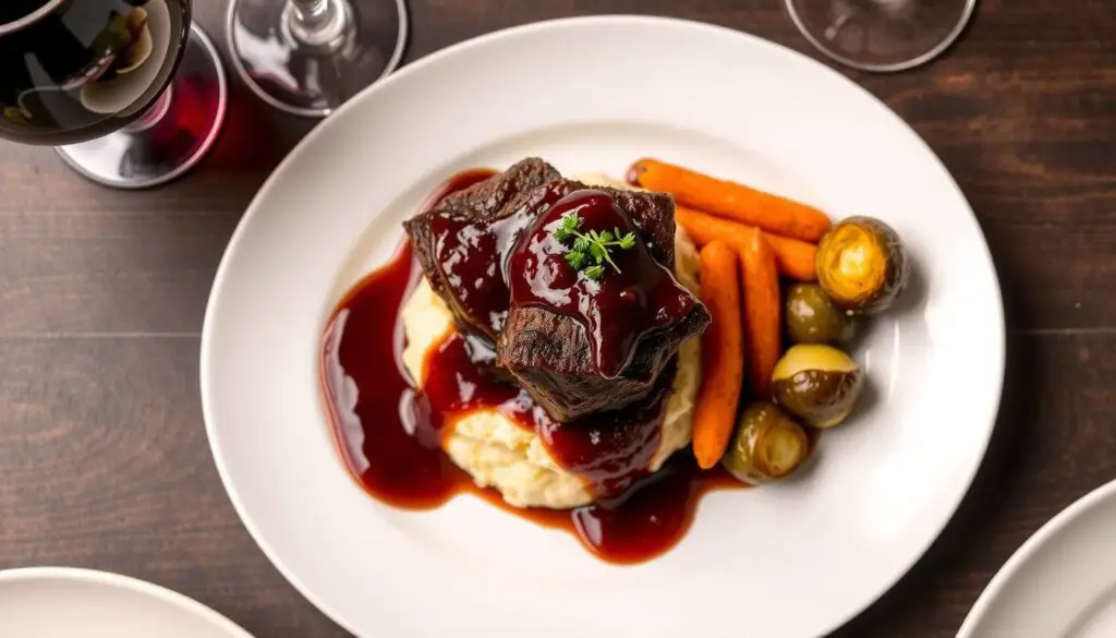 Plated red wine braised short ribs with mashed potatoes and roasted vegetables