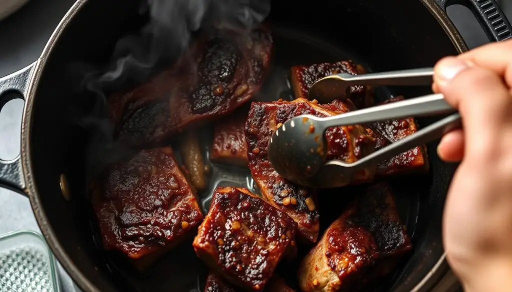 Process of browning short ribs in a Dutch oven