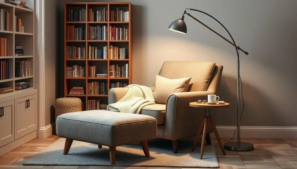Reading nook with comfortable chair, ottoman and reading lamp Reading nook with comfortable chair, ottoman and reading lamp