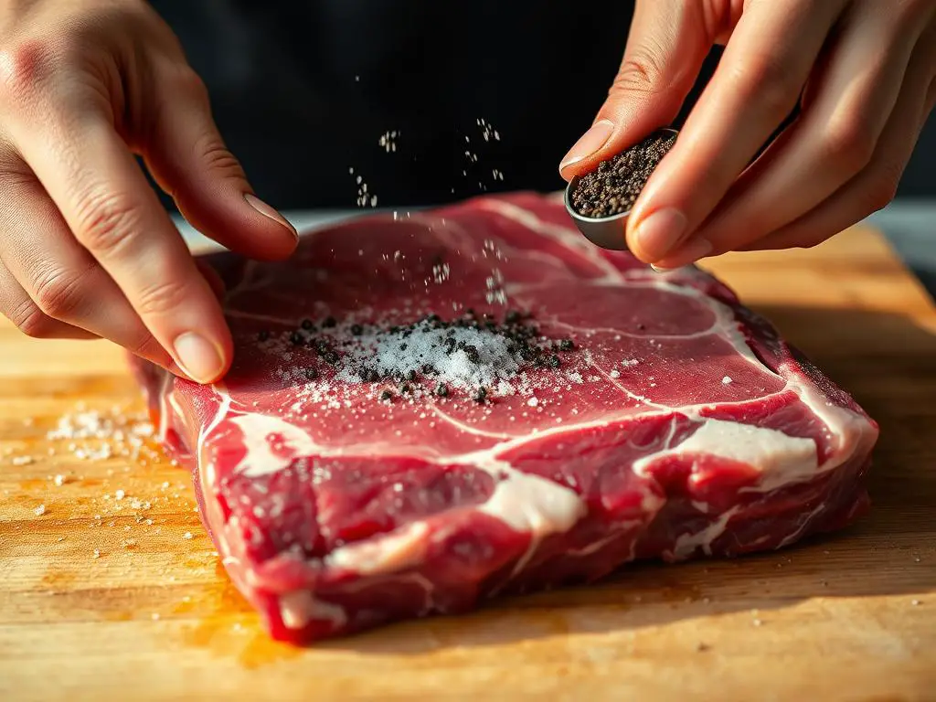 Short ribs being seasoned with salt and pepper Short ribs being seasoned with salt and pepper