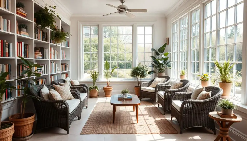 Sunroom library with plants and comfortable seating Sunroom library with plants and comfortable seating