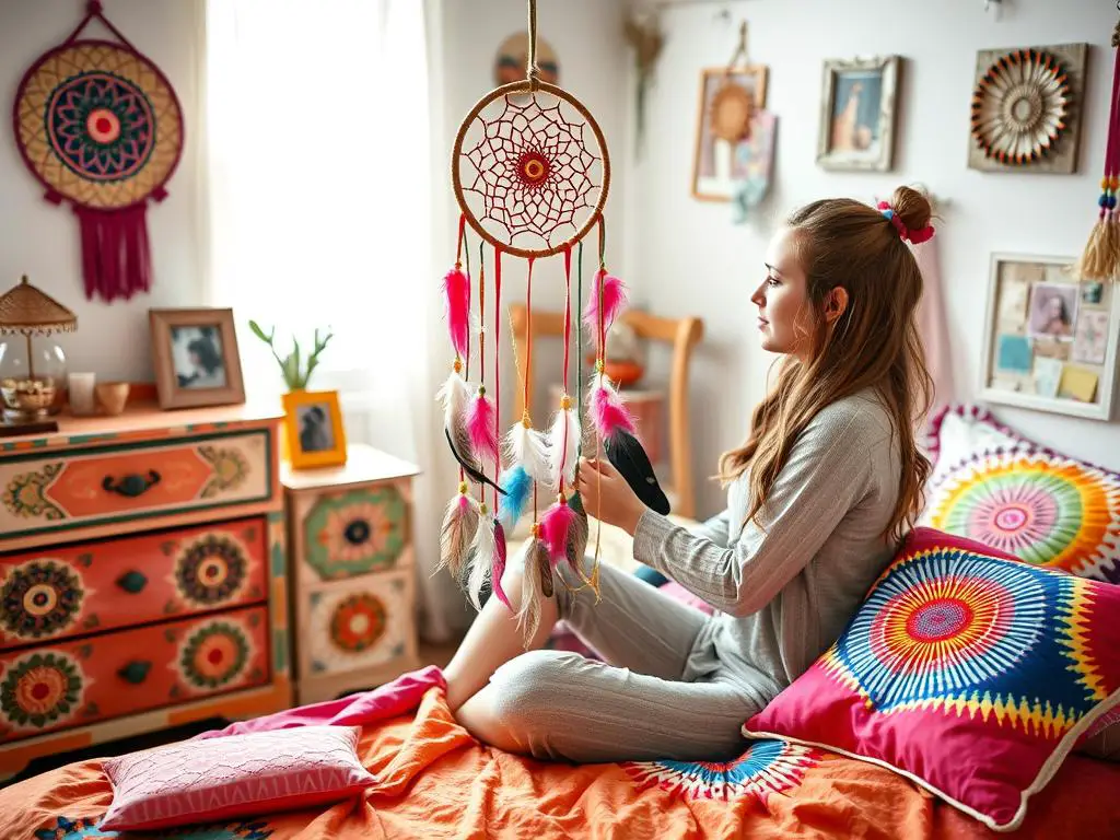 Teen girl creating DIY bohemian decor including a dreamcatcher and painted furniture