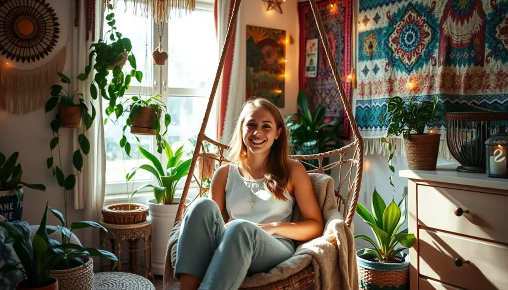 Teen girl enjoying her completed bohemian bedroom retreat
