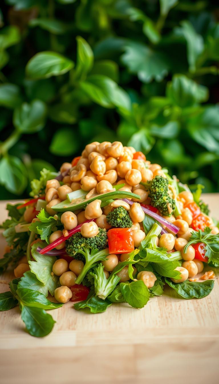 Thai Cashew Chickpea Broccoli Salad with Ginger Peanut Dressing
