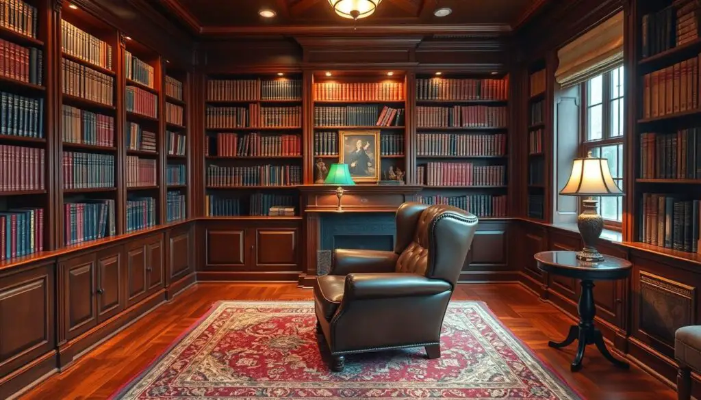 Traditional wood-paneled home library with leather chairs Traditional wood-paneled home library with leather chairs