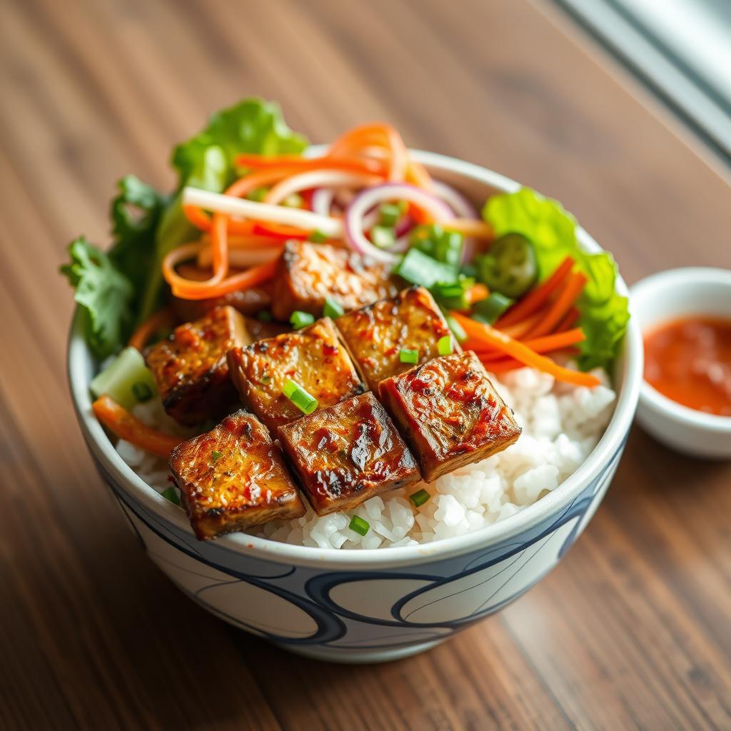 Vegetarian Korean rice bowl with tofu instead of steak Vegetarian Korean rice bowl with tofu instead of steak