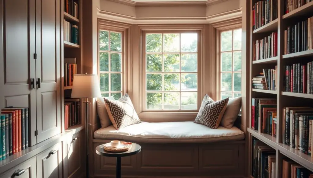 Window seat home library with built-in bookshelves