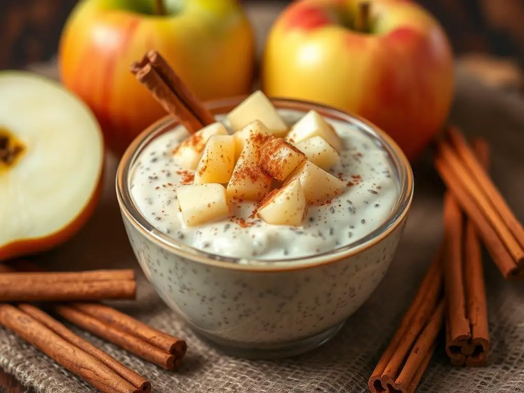 Apple cinnamon chia pudding topped with diced apples and a cinnamon stick Apple cinnamon chia pudding topped with diced apples and a cinnamon stick