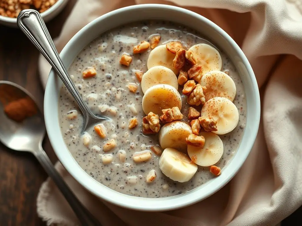 Banana bread chia pudding topped with sliced bananas and walnuts Banana bread chia pudding topped with sliced bananas and walnuts