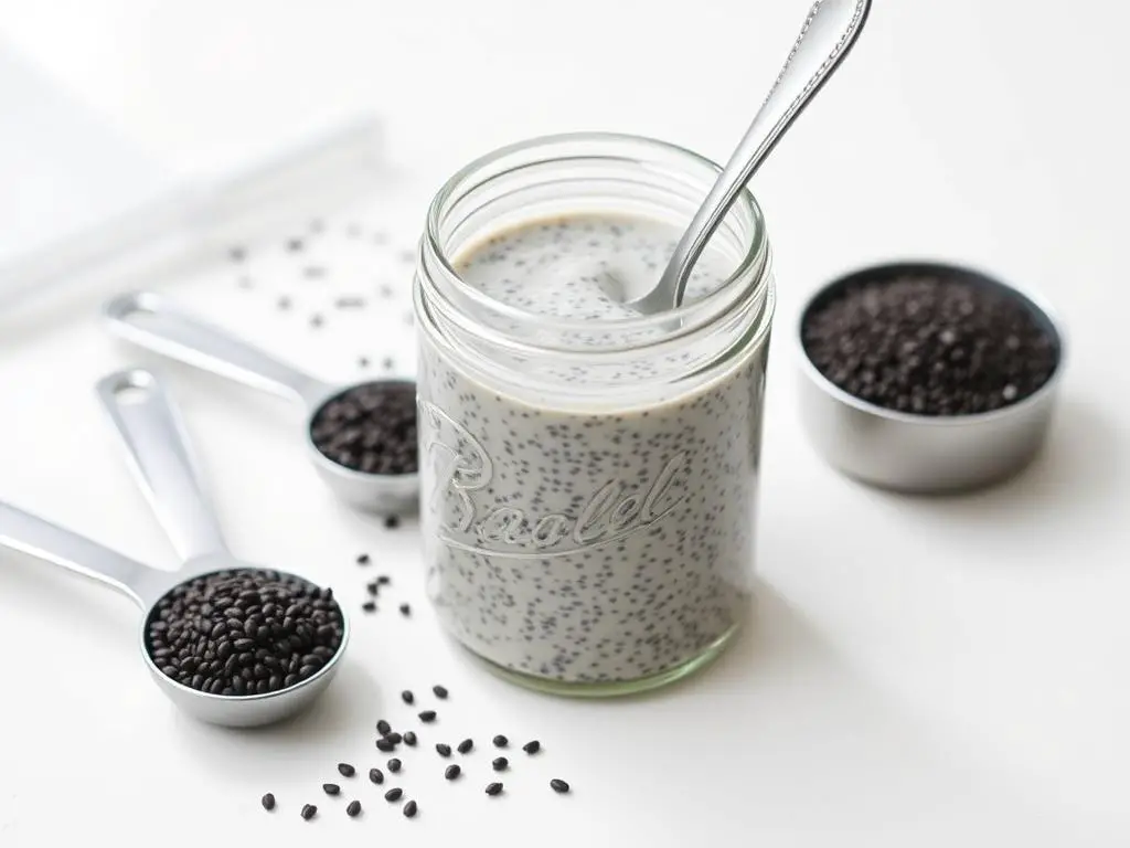 Basic chia pudding in a glass jar with measuring spoons of chia seeds nearby
