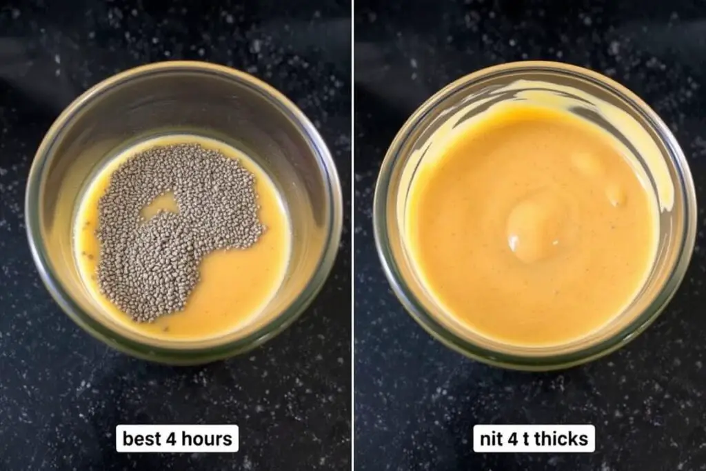 Before and after images of chia pudding setting process Before and after images of chia pudding setting process
