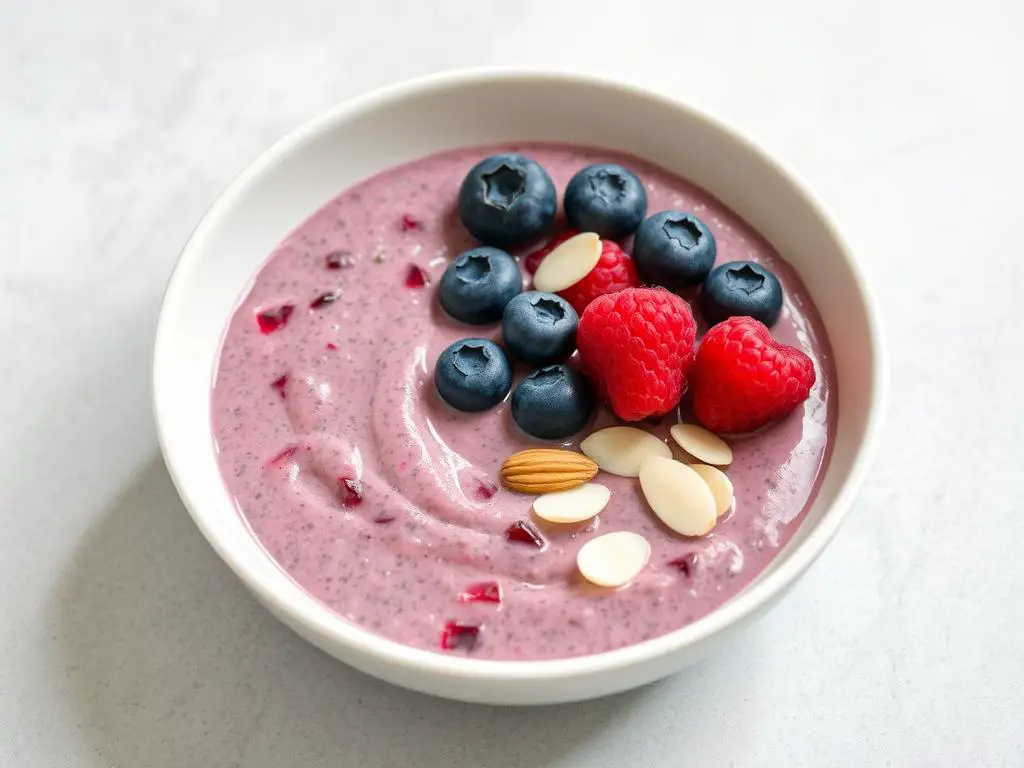 Berry almond chia pudding topped with mixed berries and sliced almonds Berry almond chia pudding topped with mixed berries and sliced almonds