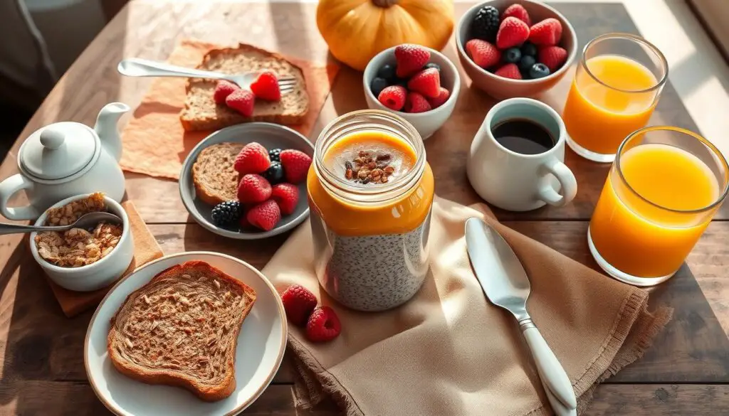 Breakfast spread featuring pumpkin chia pudding and complementary items Breakfast spread featuring pumpkin chia pudding and complementary items