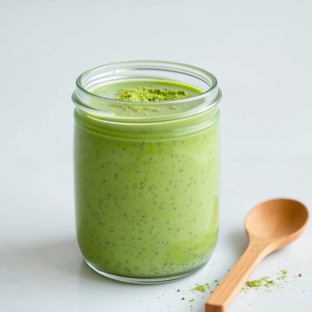 Bright green matcha chia pudding in a glass jar with a sprinkle of matcha powder on top Bright green matcha chia pudding in a glass jar with a sprinkle of matcha powder on top