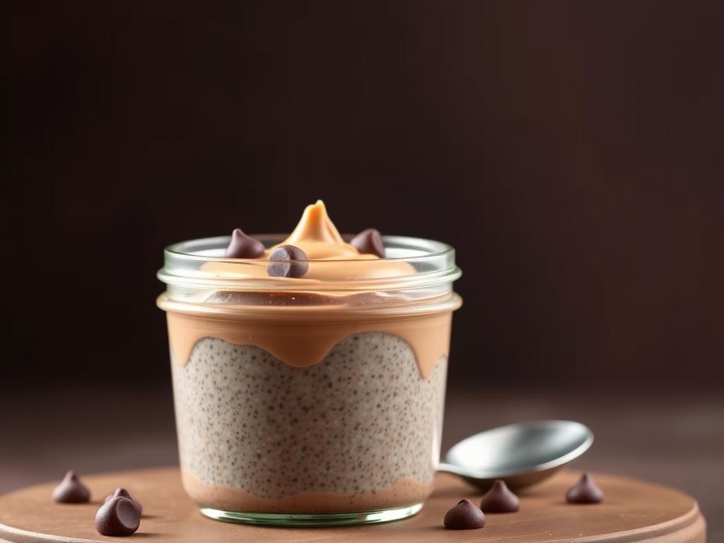 Chocolate peanut butter chia pudding in a glass jar with a drizzle of peanut butter on top Chocolate peanut butter chia pudding in a glass jar with a drizzle of peanut butter on top