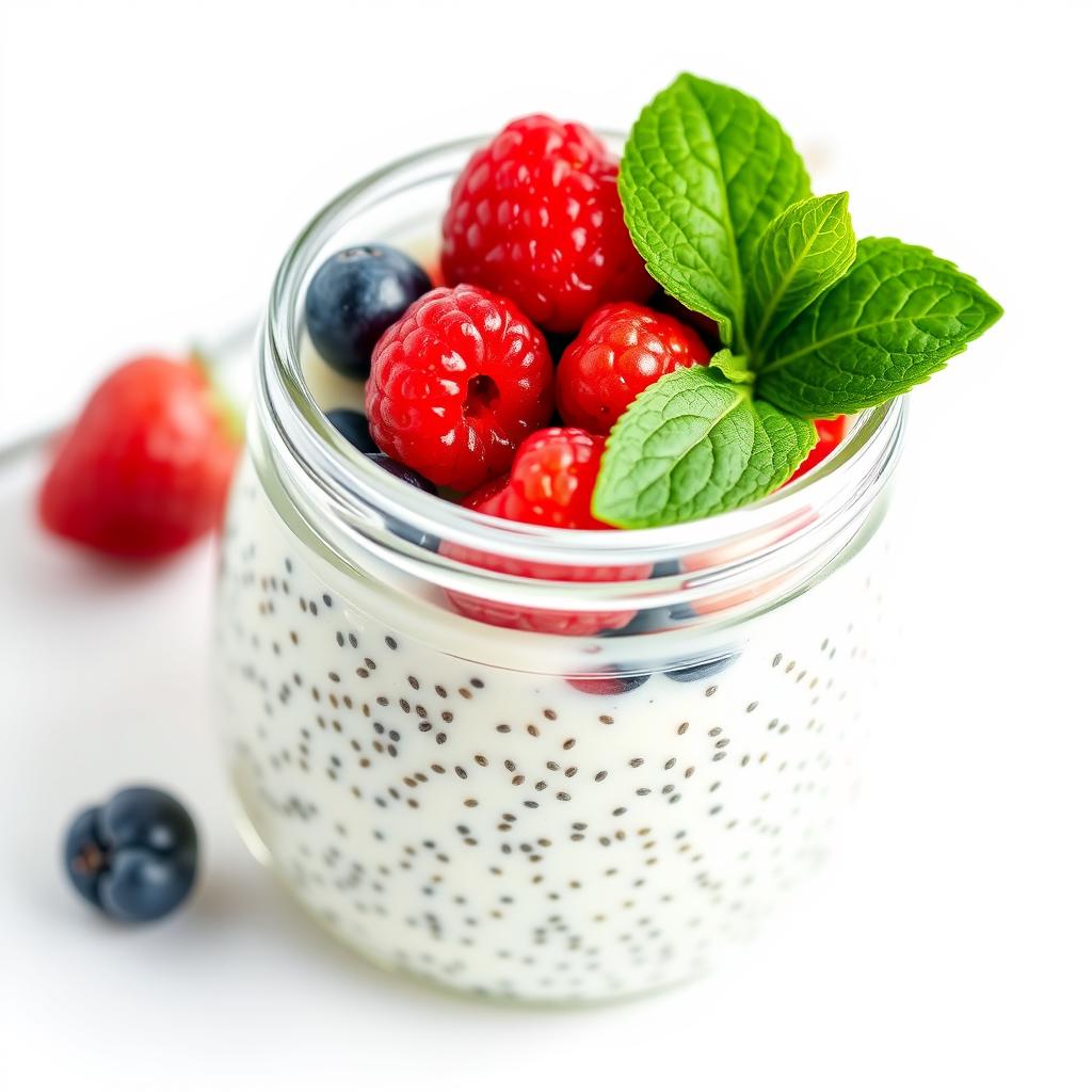Classic vanilla chia pudding topped with fresh berries in a glass jar Classic vanilla chia pudding topped with fresh berries in a glass jar