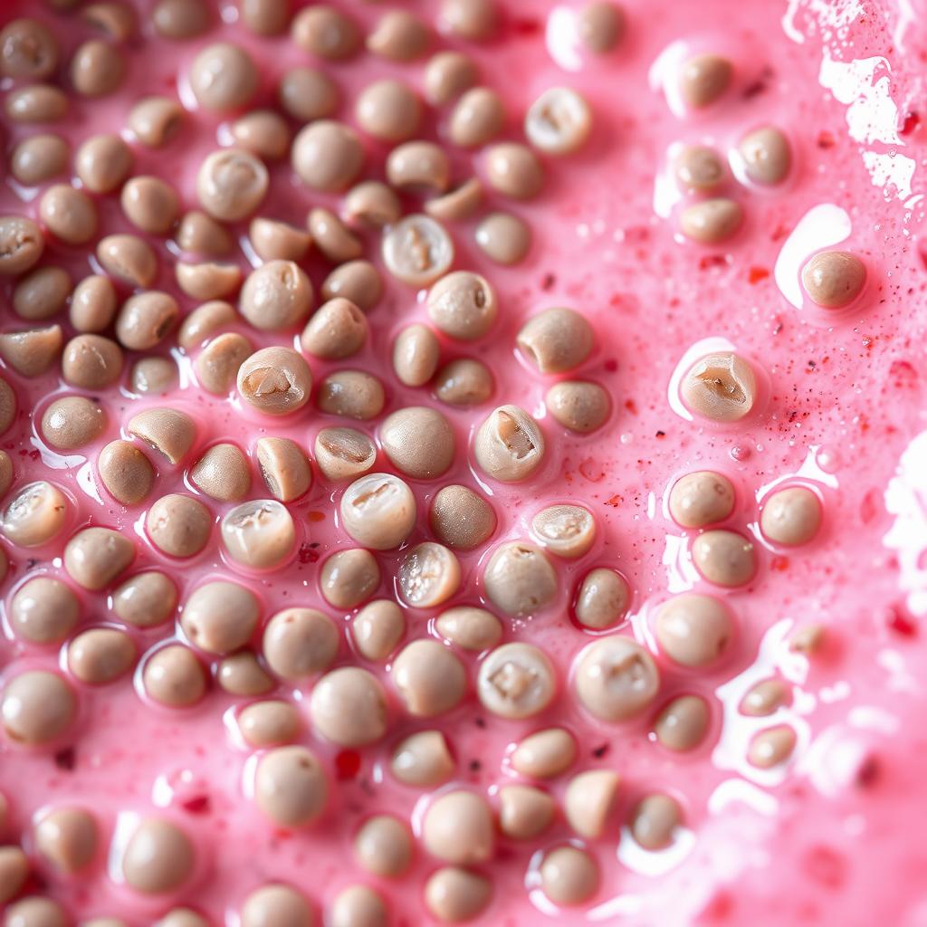 Close-up of chia seeds expanding in strawberry mixture Close-up of chia seeds expanding in strawberry mixture