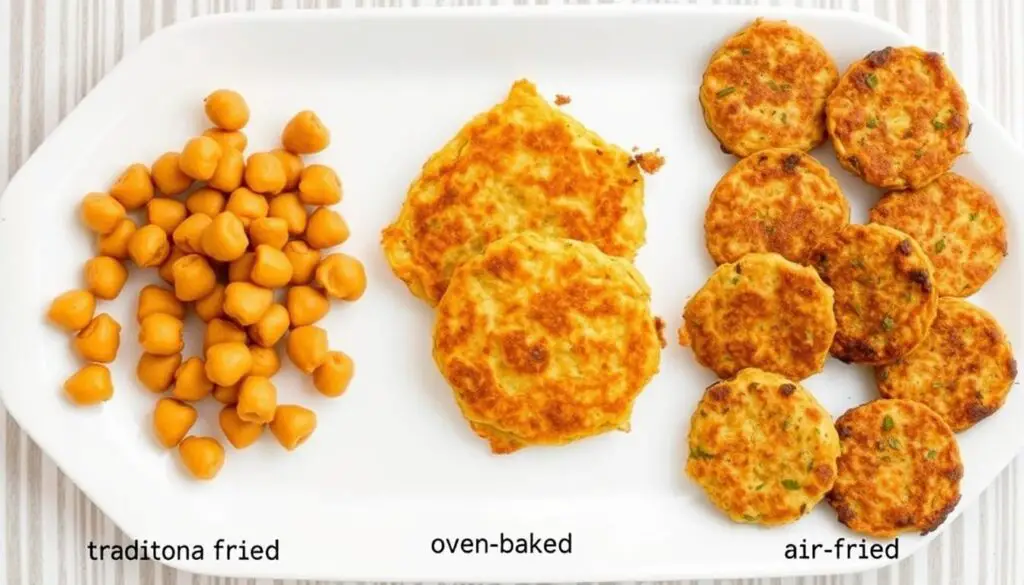 Comparison of fried, baked, and air-fried chickpea fritters showing different textures Comparison of fried, baked, and air-fried chickpea fritters showing different textures