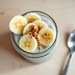Creamy banana chia pudding topped with fresh banana slices and granola in a glass jar