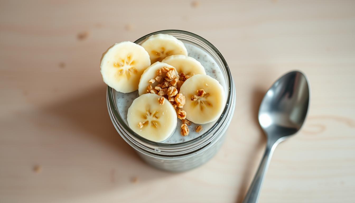 Creamy banana chia pudding topped with fresh banana slices and granola in a glass jar
