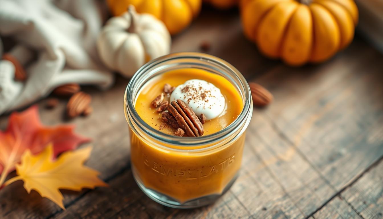 Creamy pumpkin chia pudding topped with pecans and cinnamon in a glass jar