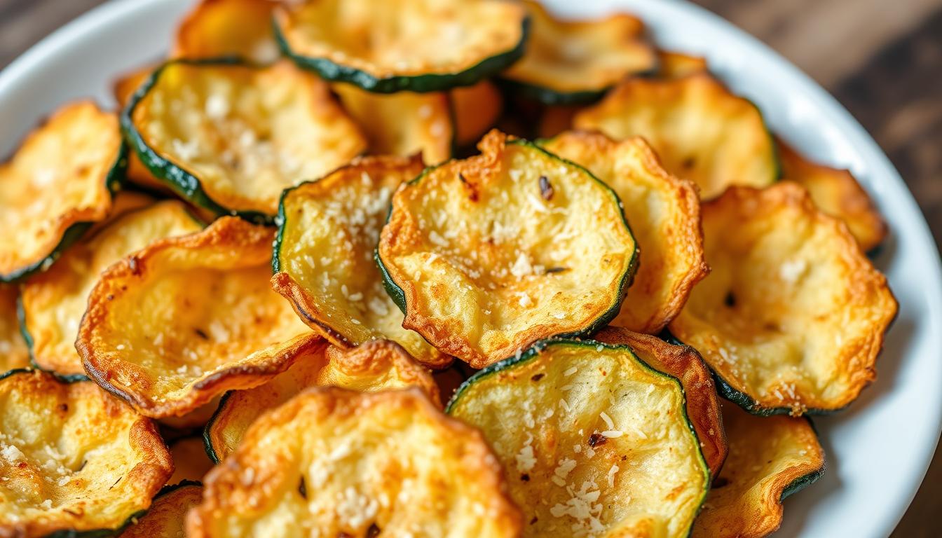 Crispy baked Parmesan zucchini chips arranged on a serving plate