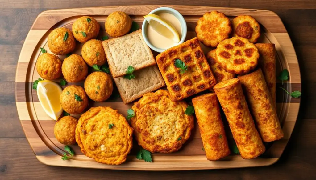 Diverse platter of global chickpea fritter variations showing different shapes, colors and garnishes Diverse platter of global chickpea fritter variations showing different shapes, colors and garnishes