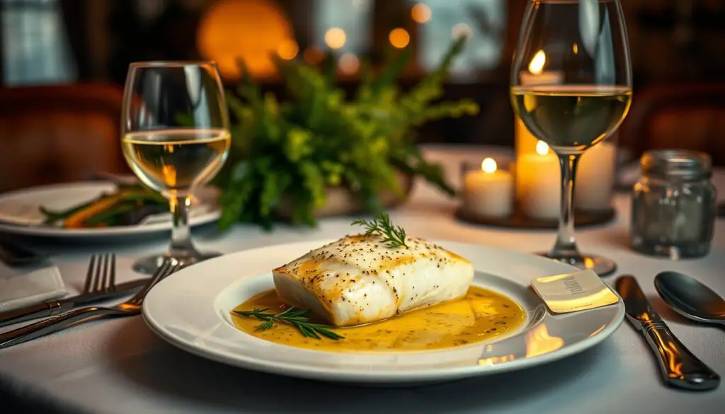 Finished Lemon Garlic Sea Bass dish with a glass of white wine Finished Lemon Garlic Sea Bass dish with a glass of white wine