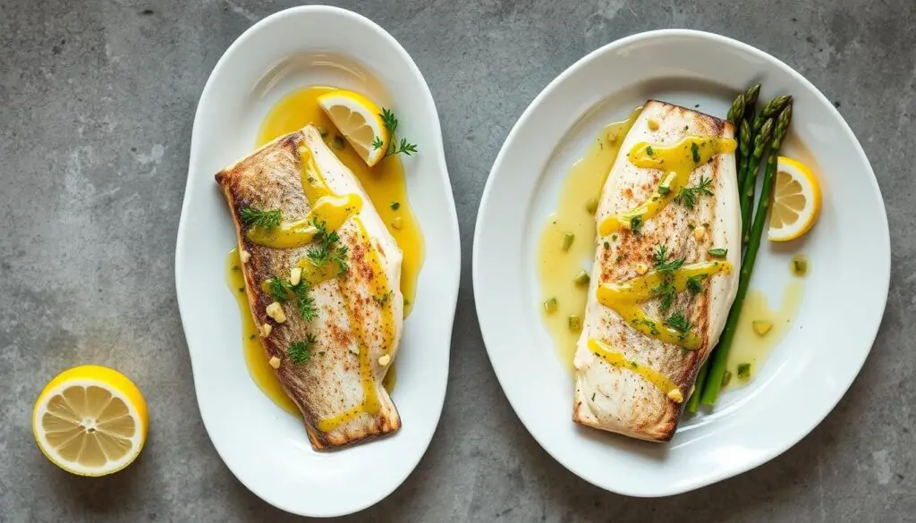Finished Lemon Garlic Sea Bass plated and ready to serve Finished Lemon Garlic Sea Bass plated and ready to serve