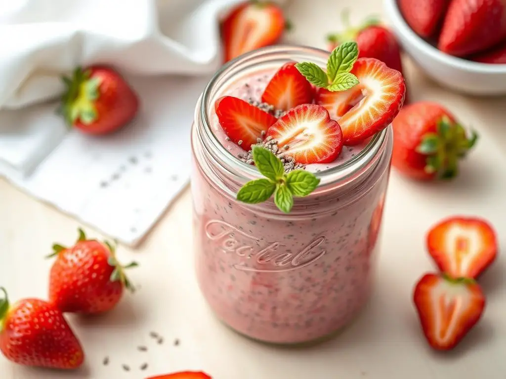 Finished strawberry chia pudding in a jar ready to eat Finished strawberry chia pudding in a jar ready to eat