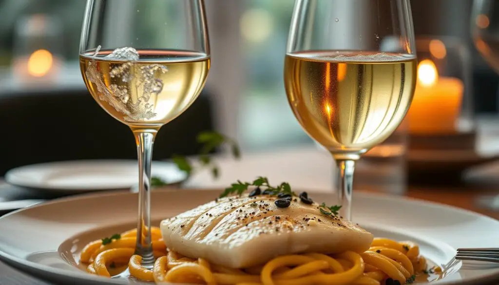 Glass of white wine next to plated Lemon Garlic Sea Bass Glass of white wine next to plated Lemon Garlic Sea Bass