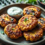Golden brown chickpea fritters arranged on a serving plate with herbs and dipping sauce