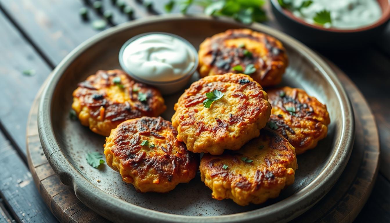 Golden brown chickpea fritters arranged on a serving plate with herbs and dipping sauce