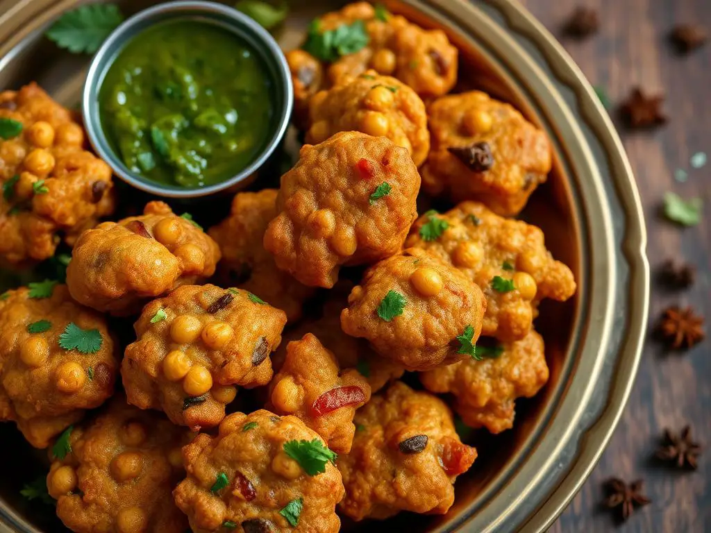 Indian chickpea pakoras with chutney dipping sauce Indian chickpea pakoras with chutney dipping sauce