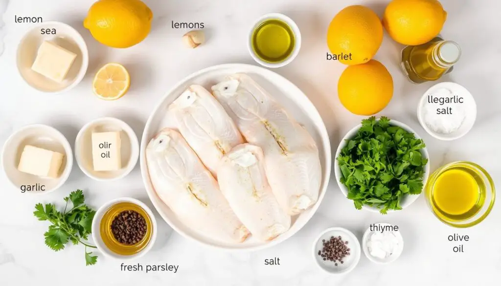 Ingredients for Lemon Garlic Sea Bass laid out on a kitchen counter Ingredients for Lemon Garlic Sea Bass laid out on a kitchen counter