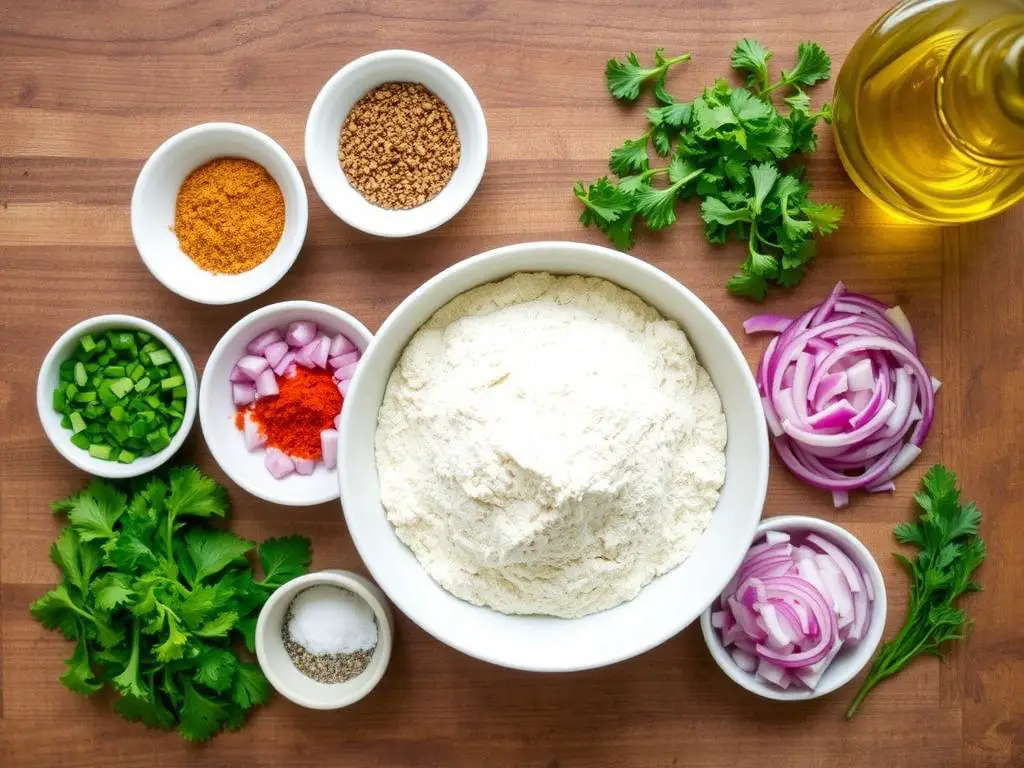 Ingredients for chickpea fritters laid out on a wooden surface including chickpea flour, spices, and fresh herbs Ingredients for chickpea fritters laid out on a wooden surface including chickpea flour, spices, and fresh herbs