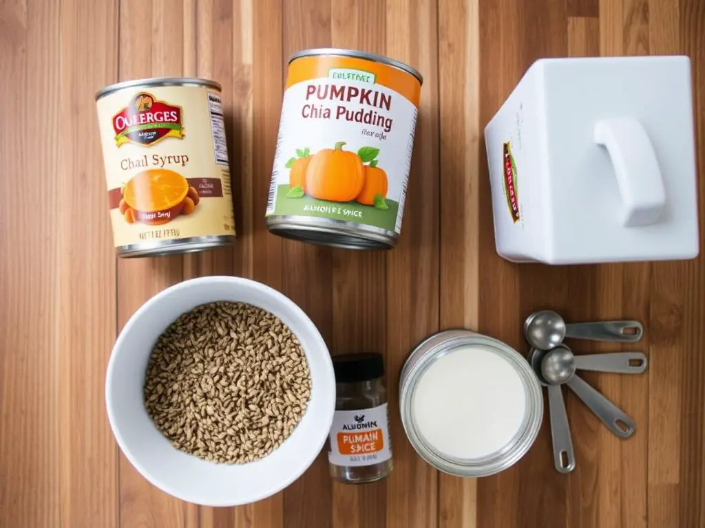Ingredients for pumpkin chia pudding laid out on a wooden surface Ingredients for pumpkin chia pudding laid out on a wooden surface