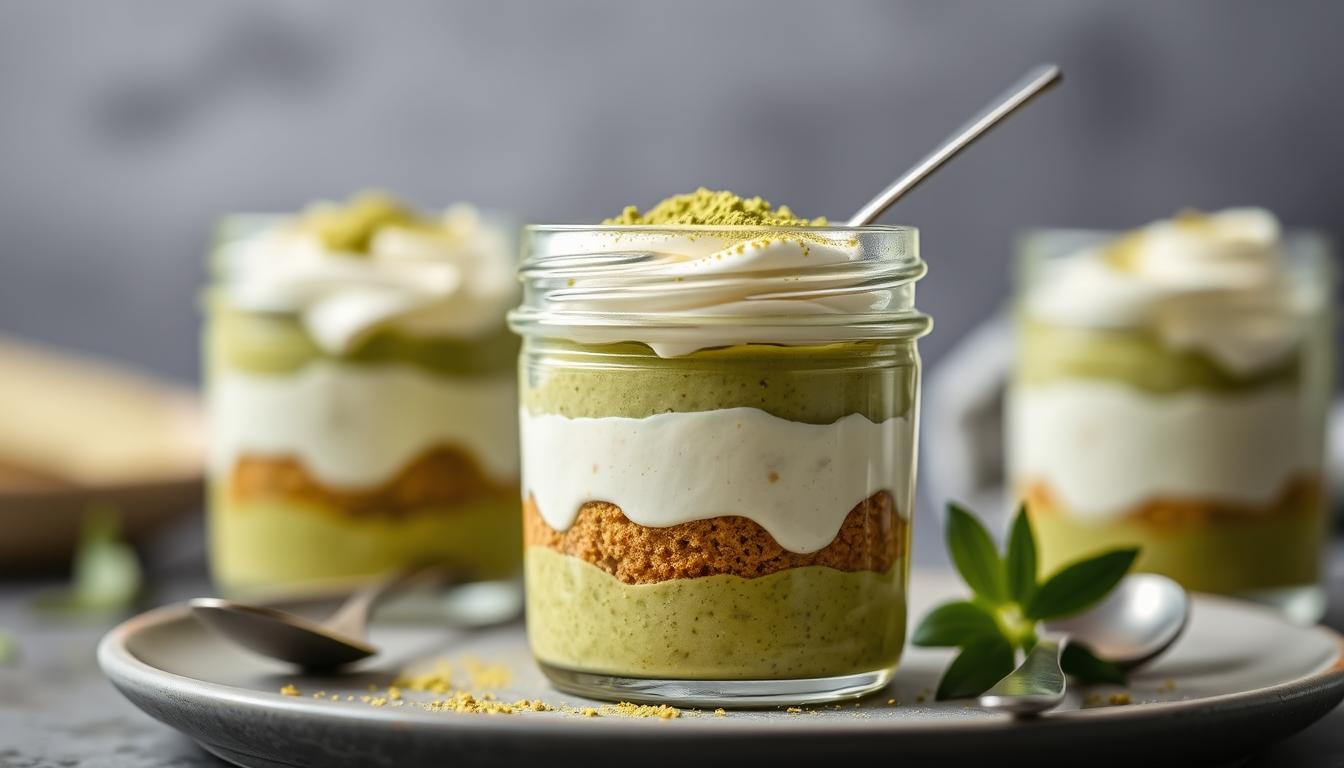 Layered Matcha Tiramisu Chia Pudding in a glass jar with a spoon