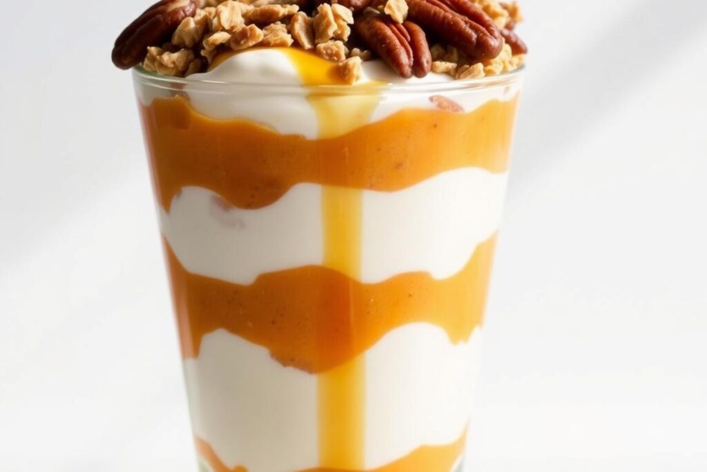 Layered pumpkin chia pudding parfait in a tall glass Layered pumpkin chia pudding parfait in a tall glass