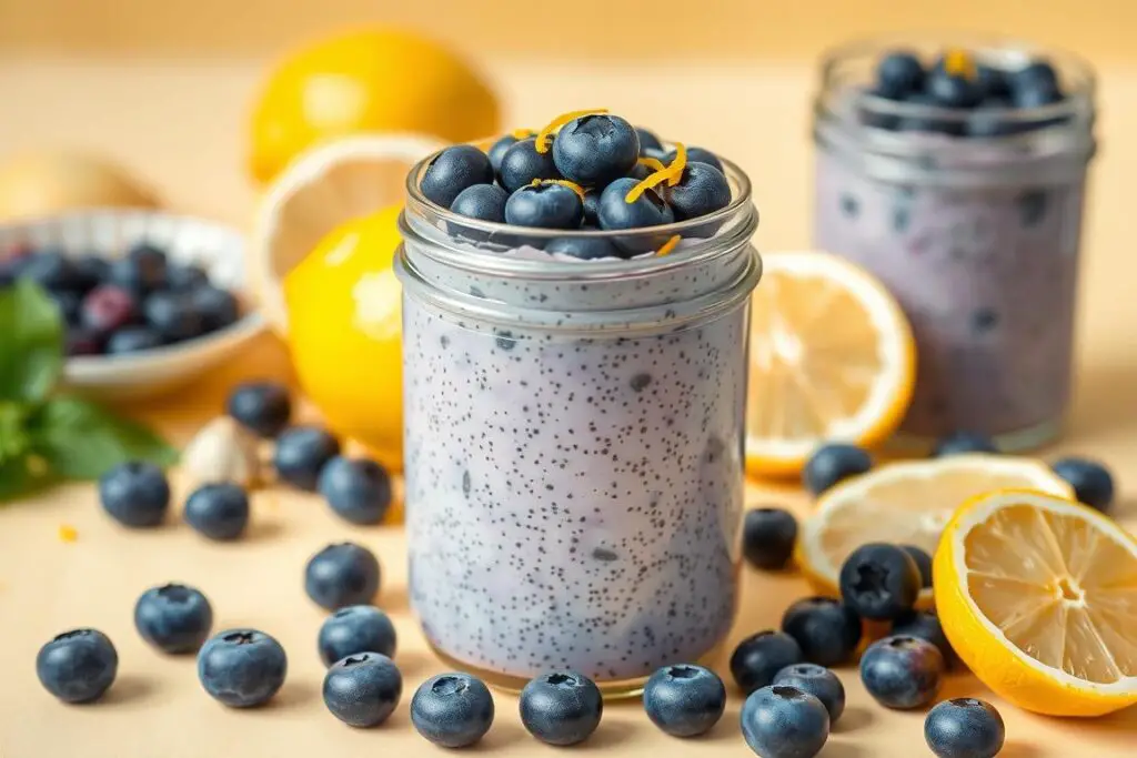 Lemon blueberry chia pudding in a glass jar with fresh blueberries and lemon zest on top Lemon blueberry chia pudding in a glass jar with fresh blueberries and lemon zest on top