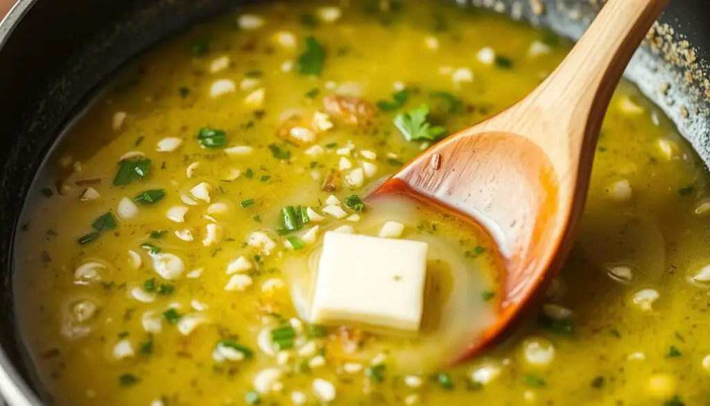 Lemon garlic sauce being prepared in a skillet Lemon garlic sauce being prepared in a skillet