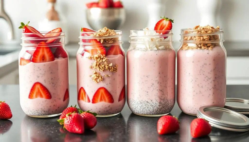 Meal prep jars of strawberry chia pudding Meal prep jars of strawberry chia pudding