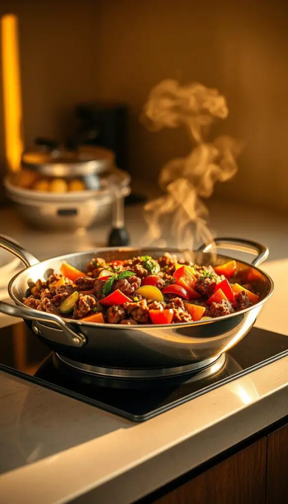 Mediterranean Ground Beef Stir Fry pan