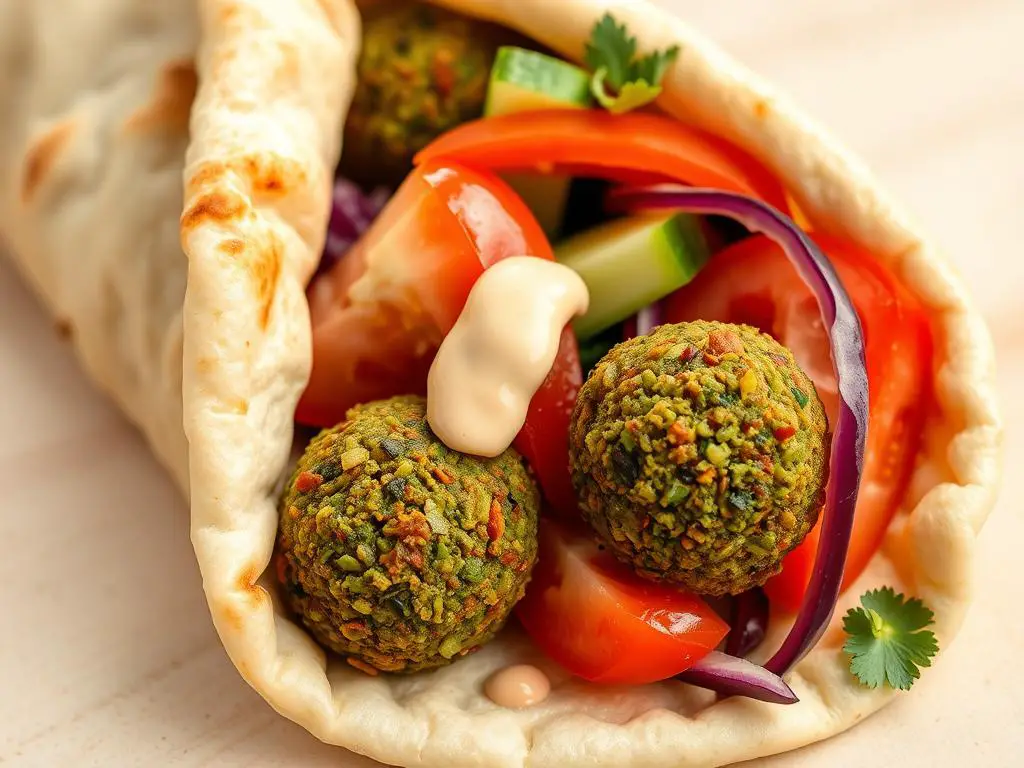Middle Eastern falafel served in pita bread with vegetables and tahini sauce Middle Eastern falafel served in pita bread with vegetables and tahini sauce