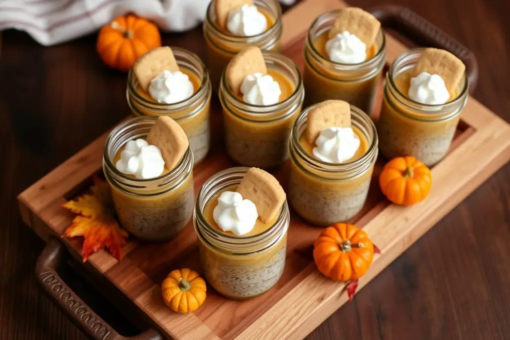 Mini jars of pumpkin chia pudding arranged on a serving tray Mini jars of pumpkin chia pudding arranged on a serving tray