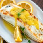 Perfectly seared Lemon Garlic Sea Bass on a white plate with lemon wedges and fresh herbs