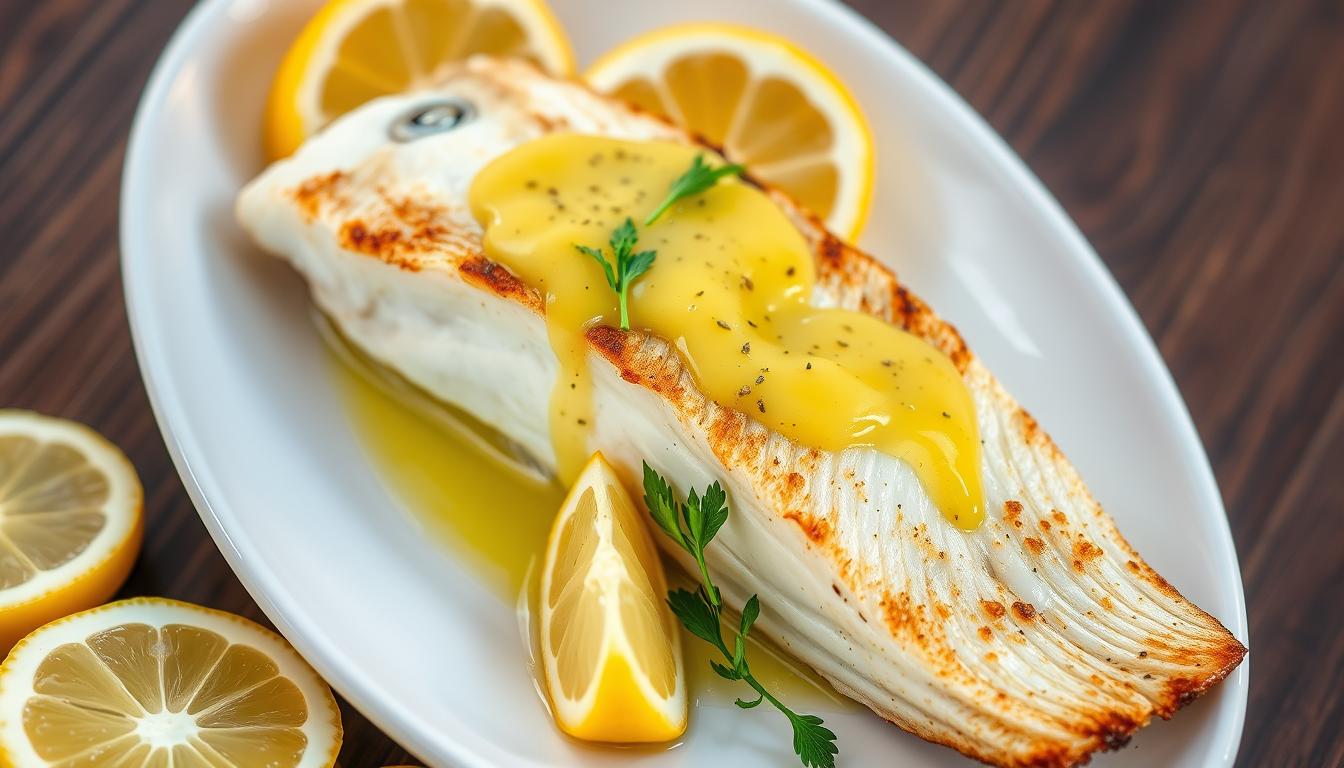 Perfectly seared Lemon Garlic Sea Bass on a white plate with lemon wedges and fresh herbs