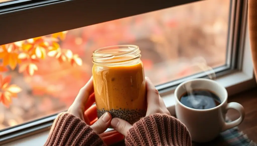Person enjoying pumpkin chia pudding by a window on a fall morning Person enjoying pumpkin chia pudding by a window on a fall morning