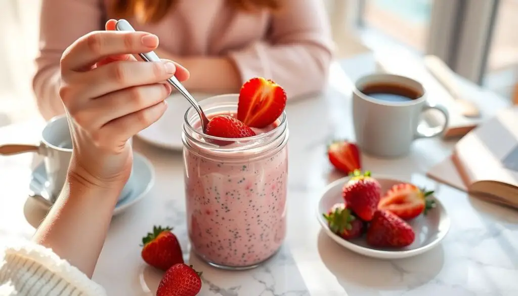 Person enjoying strawberry chia pudding at breakfast table Person enjoying strawberry chia pudding at breakfast table