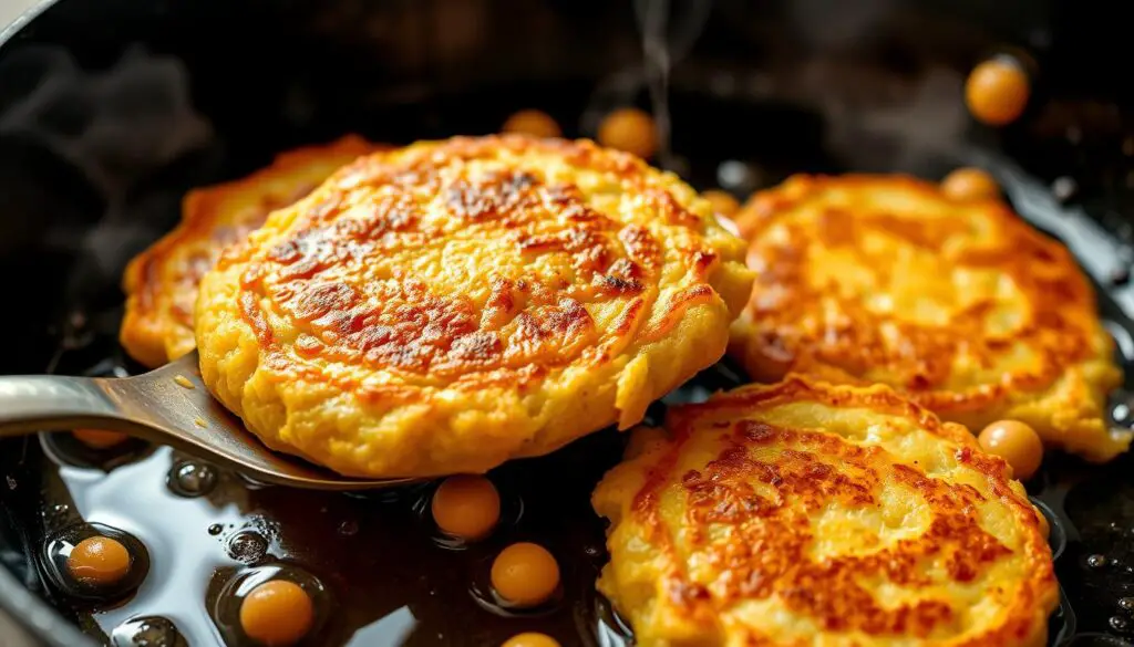 Process of frying chickpea fritters in a pan showing golden brown fritters being flipped Process of frying chickpea fritters in a pan showing golden brown fritters being flipped